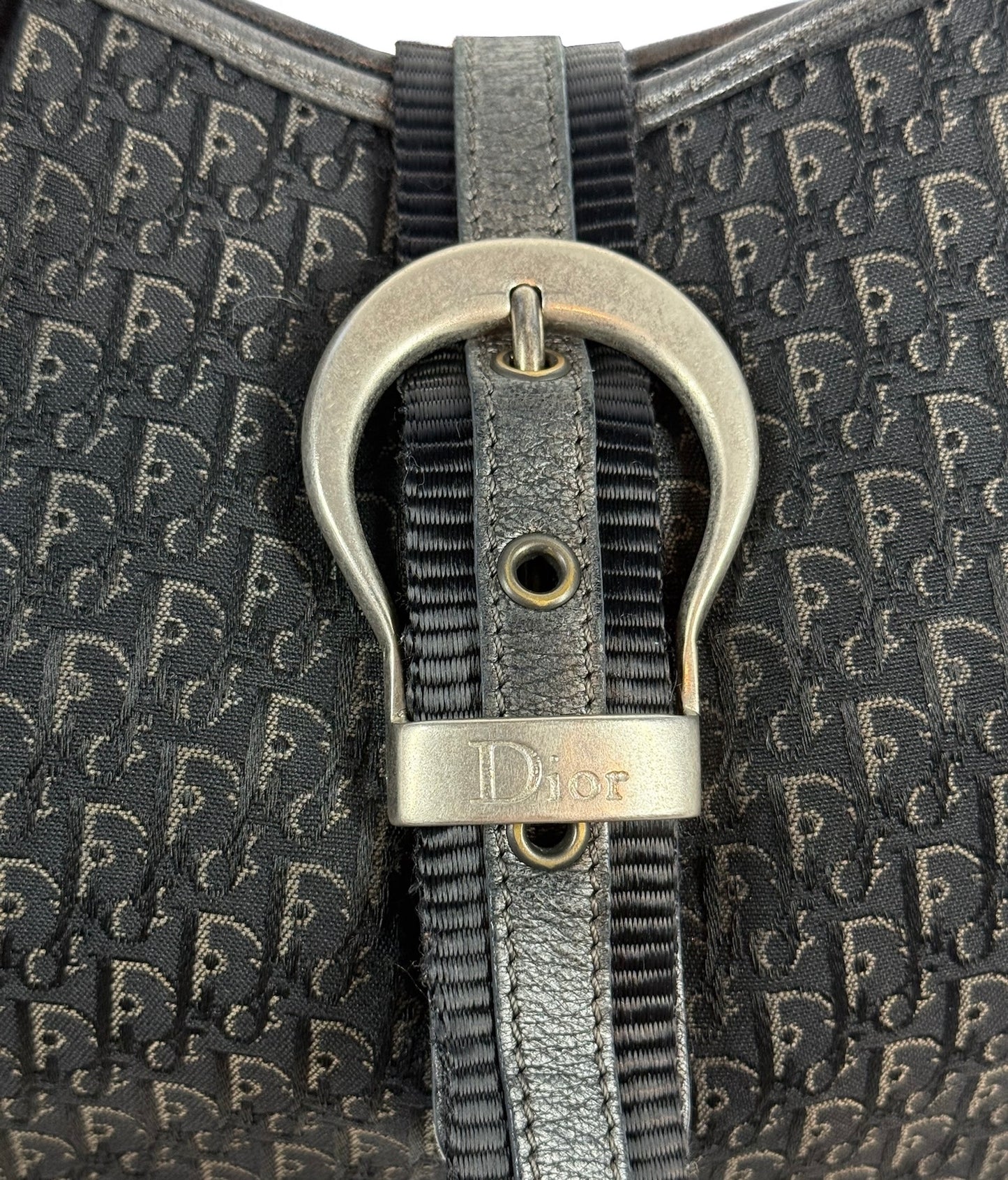 Dior Vintage Black Trotter Monogram Saddle Buckle Small Hobo Shoulder Bag