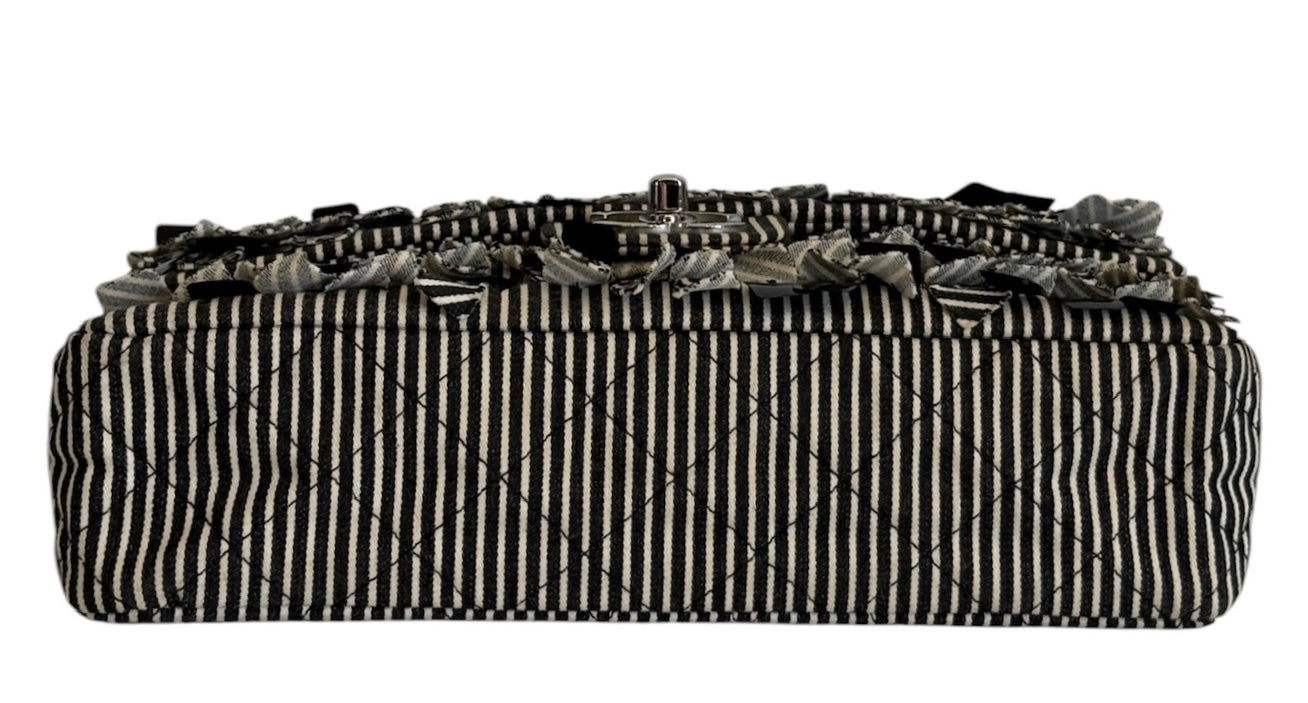 Chanel Vintage 2008 Black & White Striped Quilted Canvas Sequin Medium Classic Double Flap Bag
