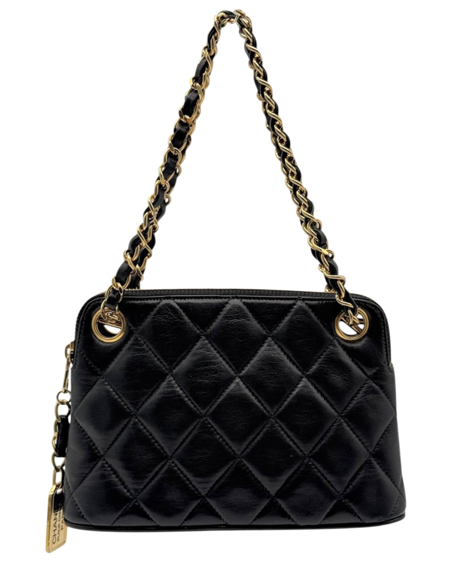 Chanel Vintage Black Quilted Lambskin Mini Chain Tag Top Handle Bag w 24K GPHW