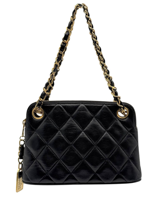 Chanel Vintage Black Quilted Lambskin Mini Chain Tag Top Handle Bag w 24K GPHW