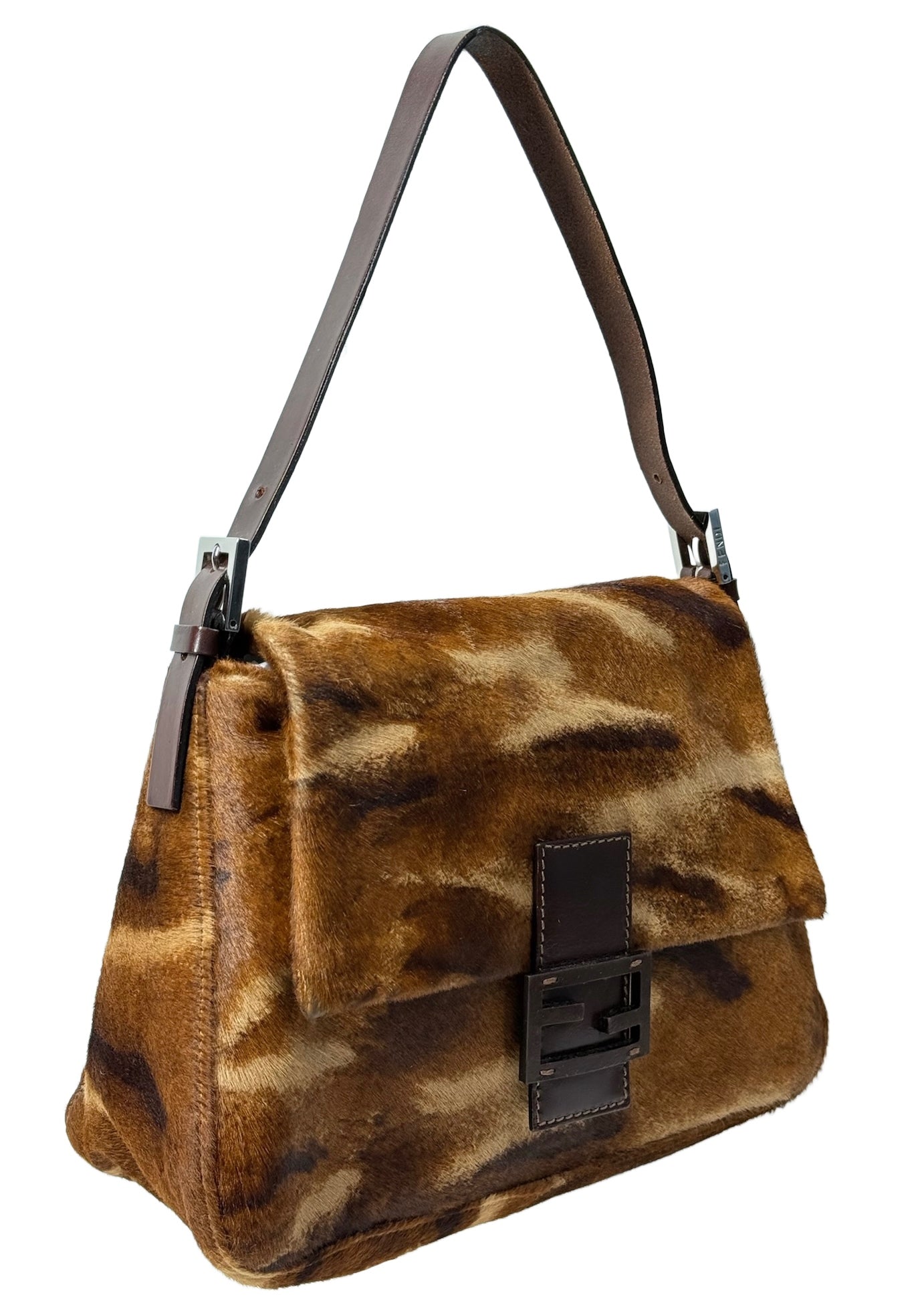 Fendi Vintage Brown Animal Print Pony Hair Mamma Baguette Shoulder Bag