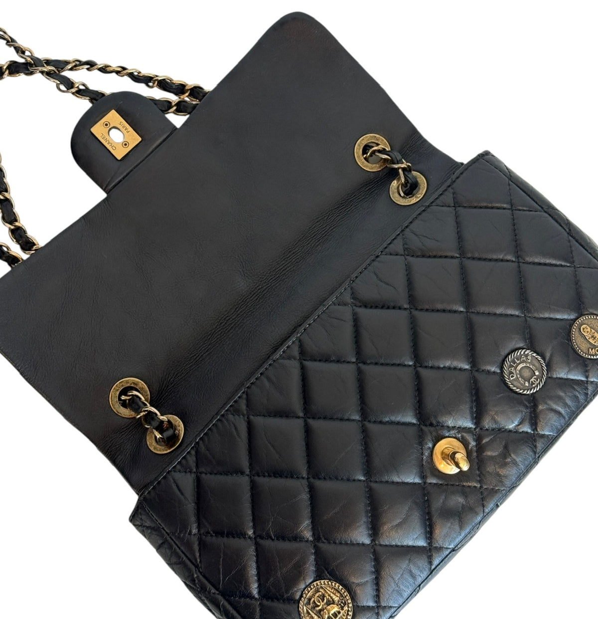 Chanel 2015 Paris-Dubai Black Crinkled Calfskin Medallions Medium Single Flap Bag with AGHW