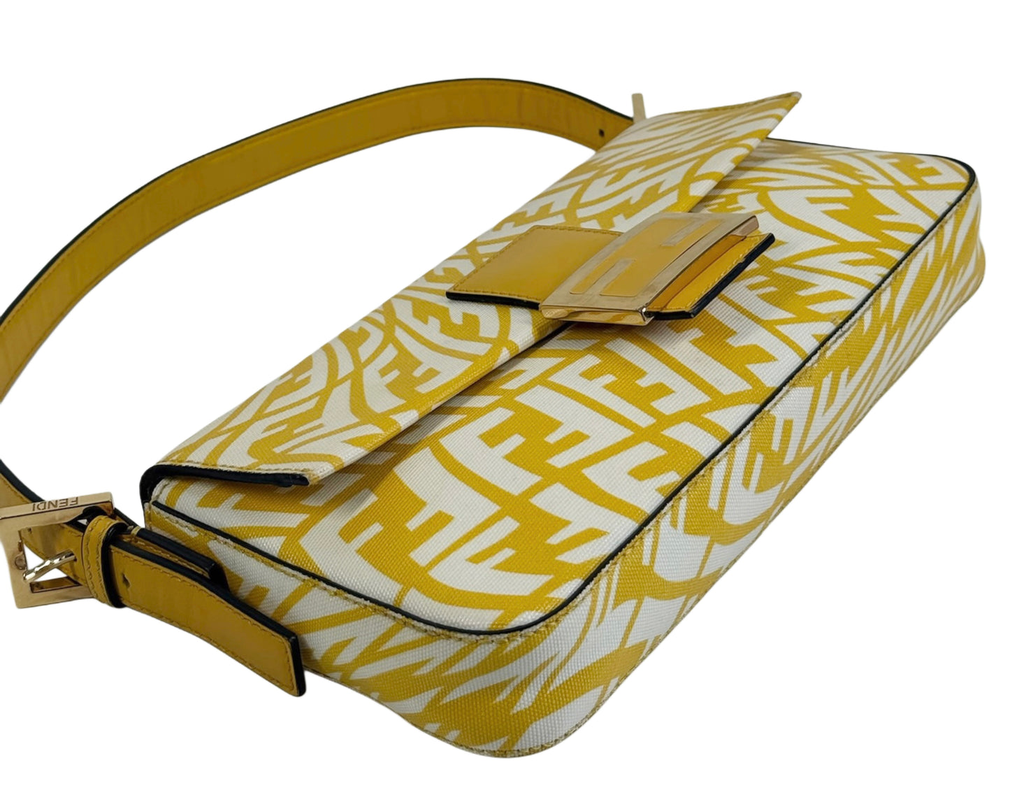 Fendi Yellow Logo Coated Canvas Shoulder Baguette Bag