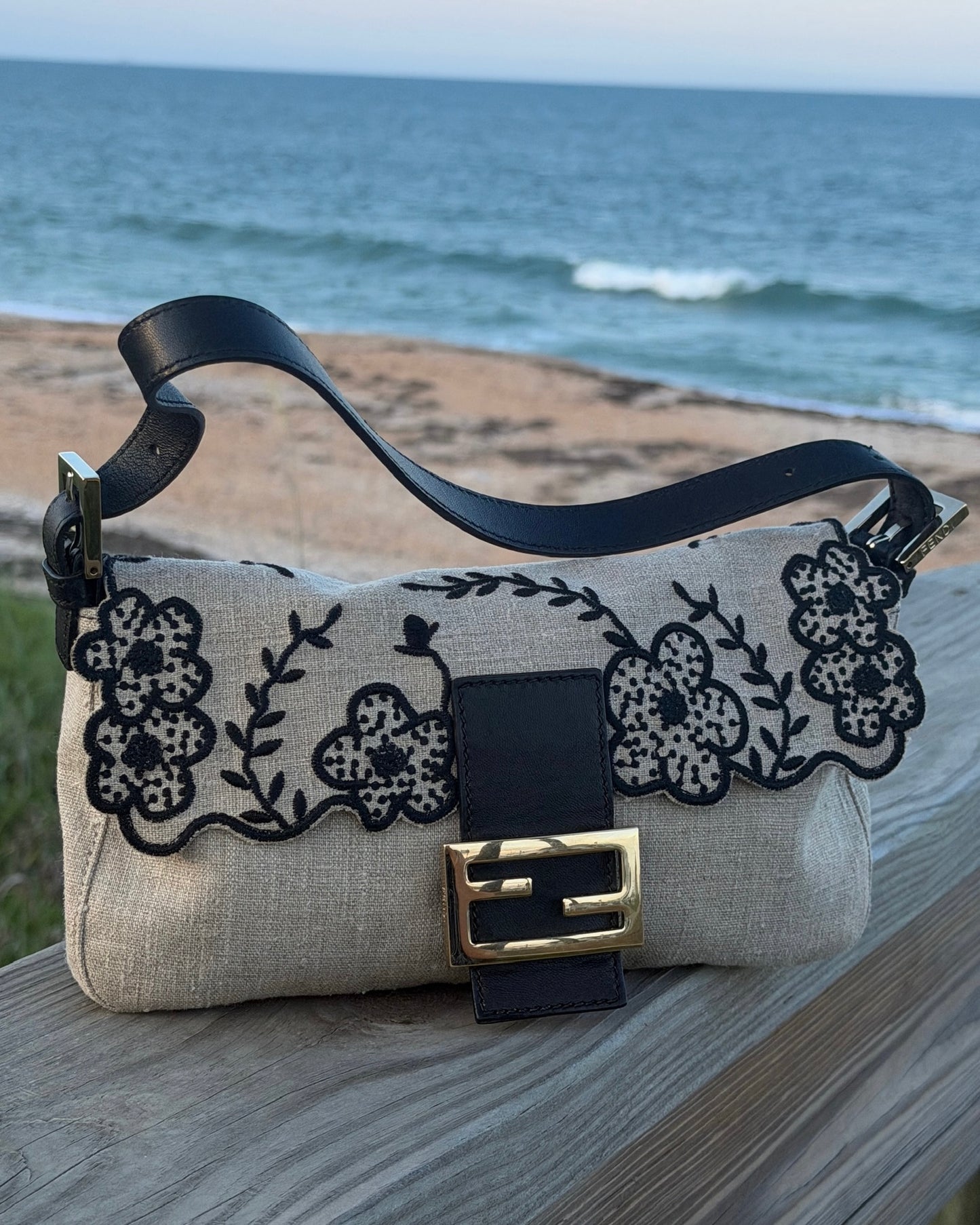Fendi Vintage Beige Linen Black Floral Embroidered Shoulder Baguette Bag 
