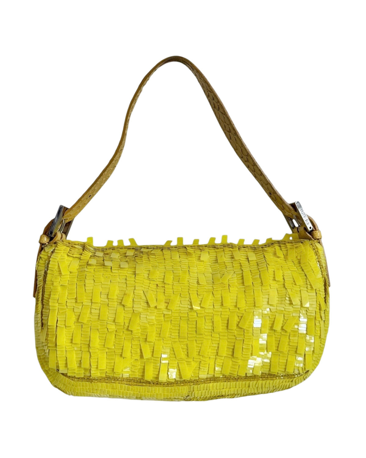 Fendi Vintage Neon Yellow Palliates Sequin Beaded Shoulder Baguette Bag with Python Trim