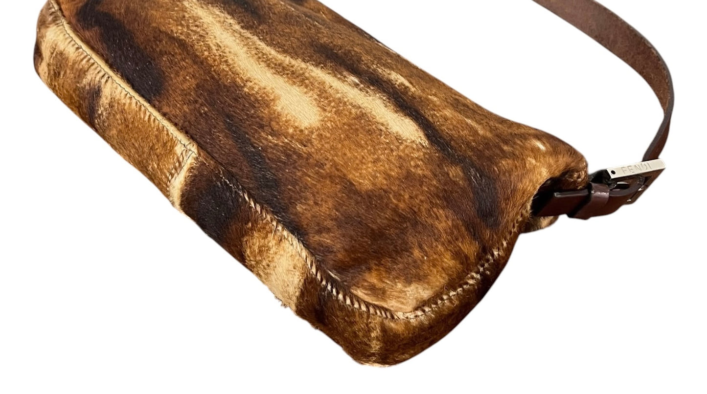 Fendi Vintage Brown Animal Print Pony Hair Shoulder Baguette Bag