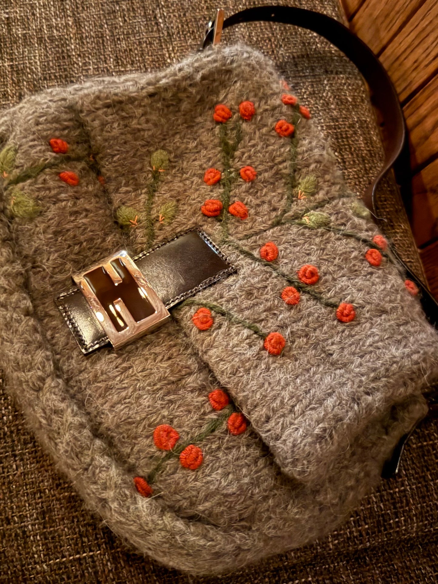 Fendi Vintage Grey Wool Knit Cherry Embroidered Shoulder Mamma Baguette Bag