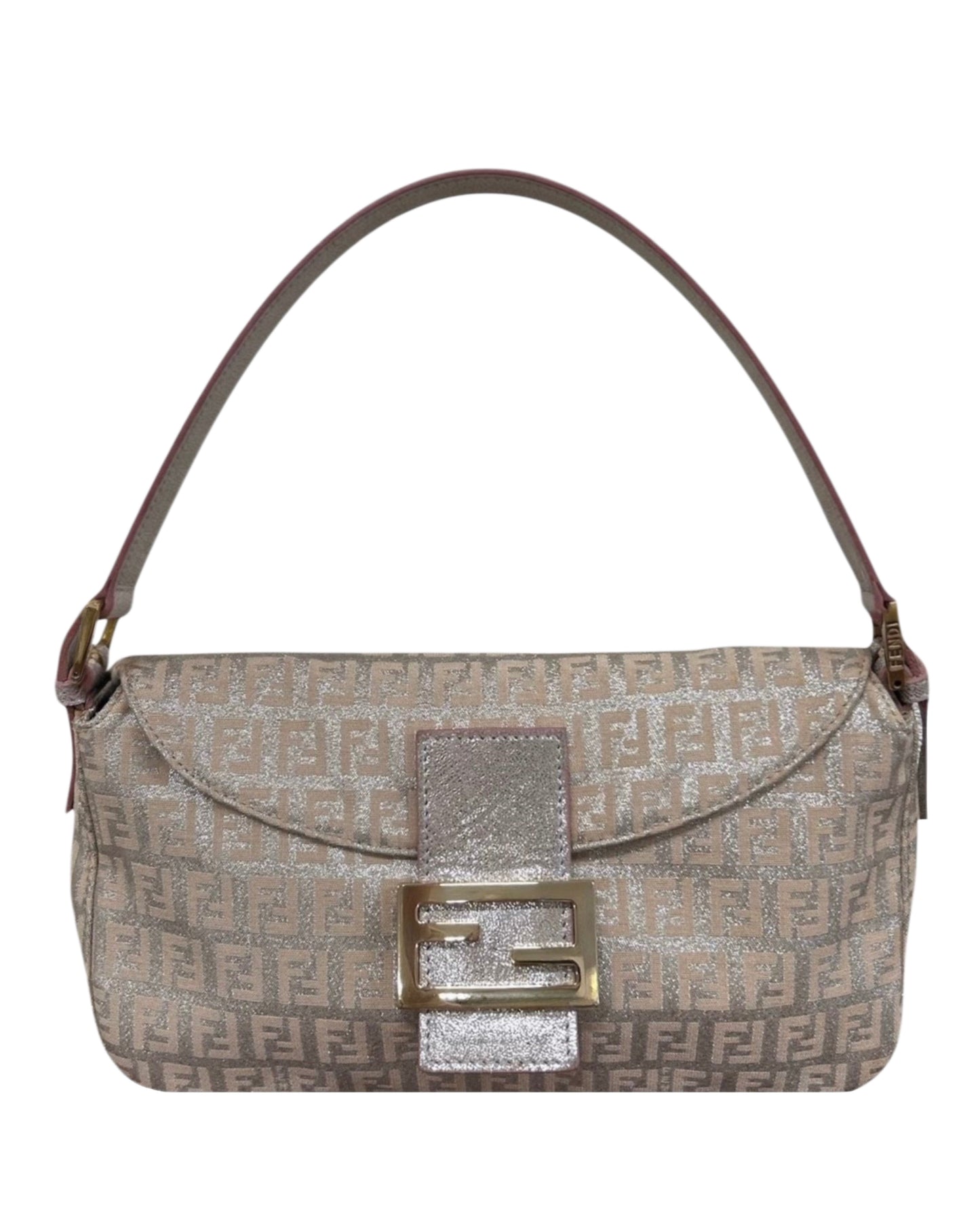 Fendi Vintage Metallic Pink Zucchino Zucca Monogram Double Flap Shoulder Baguette Bag