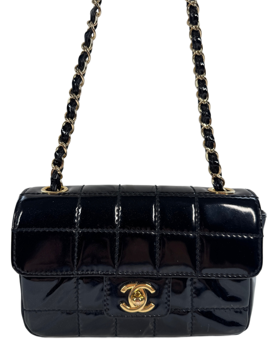 Chanel Vintage 00s Black Patent Leather Mini Rectangular Quilted Chocolate Bar Flap Bag w 24K Gold Plated Hardware