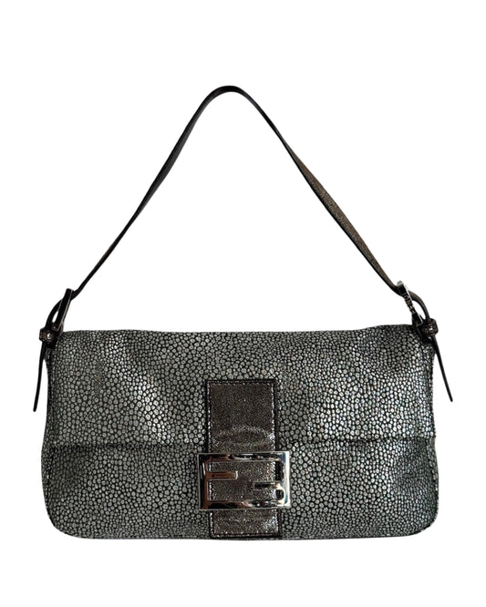Fendi Vintage Metallic Silver Stingray Shoulder Baguette Bag