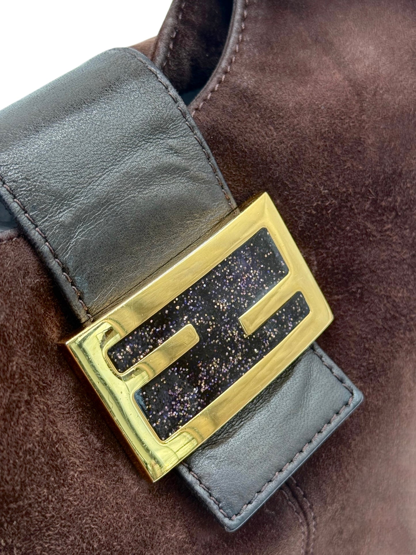 Fendi Vintage Brown Suede Hobo Bucket Shoulder Baguette Bag with Purple Glitter Logo