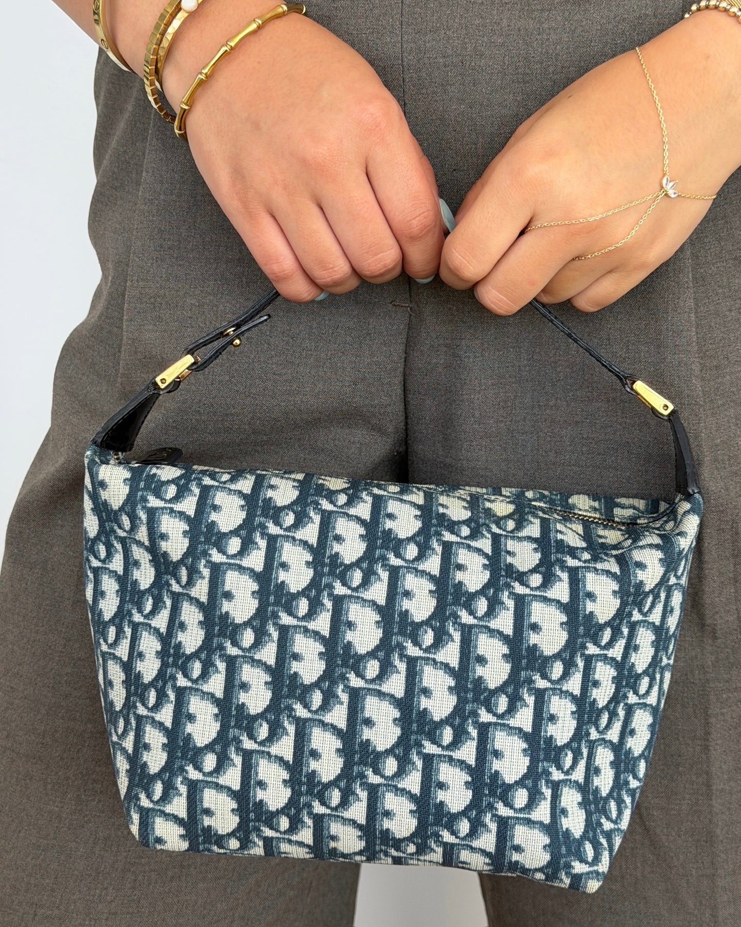Dior Vintage 2002 Blue & White Trotter Monogram Canvas Small Cosmetic Pouch Handle Pochette Bag