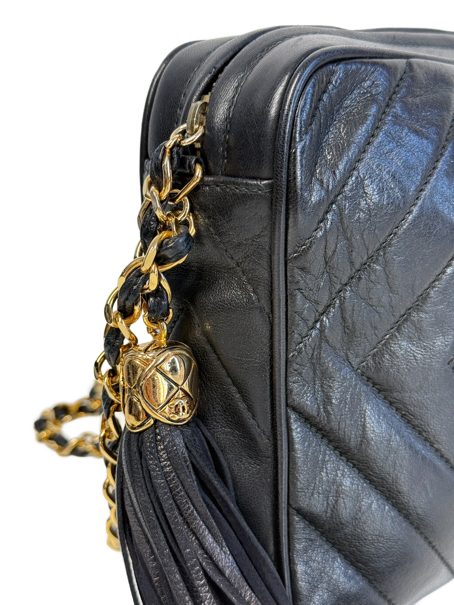 Chanel Vintage Black Quilted Trapezoid Quilted Lambskin Tassel Camera Bag w 24K Gold Plated Hardware