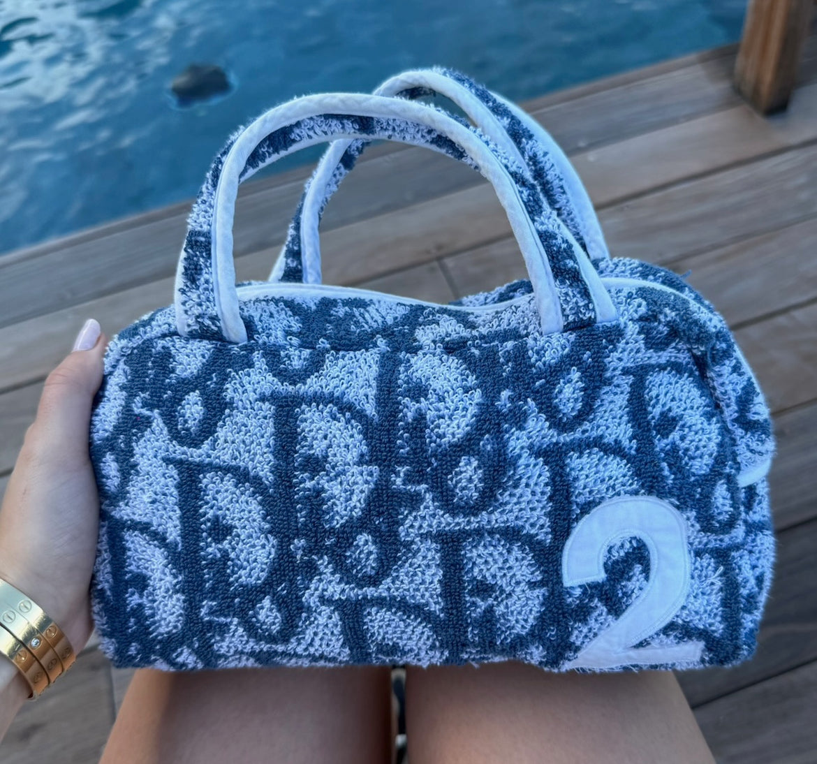 Dior Vintage Blue Monogram Diorissimo 2 Terry Cloth Cosmetic Mini Top Handle Bagl