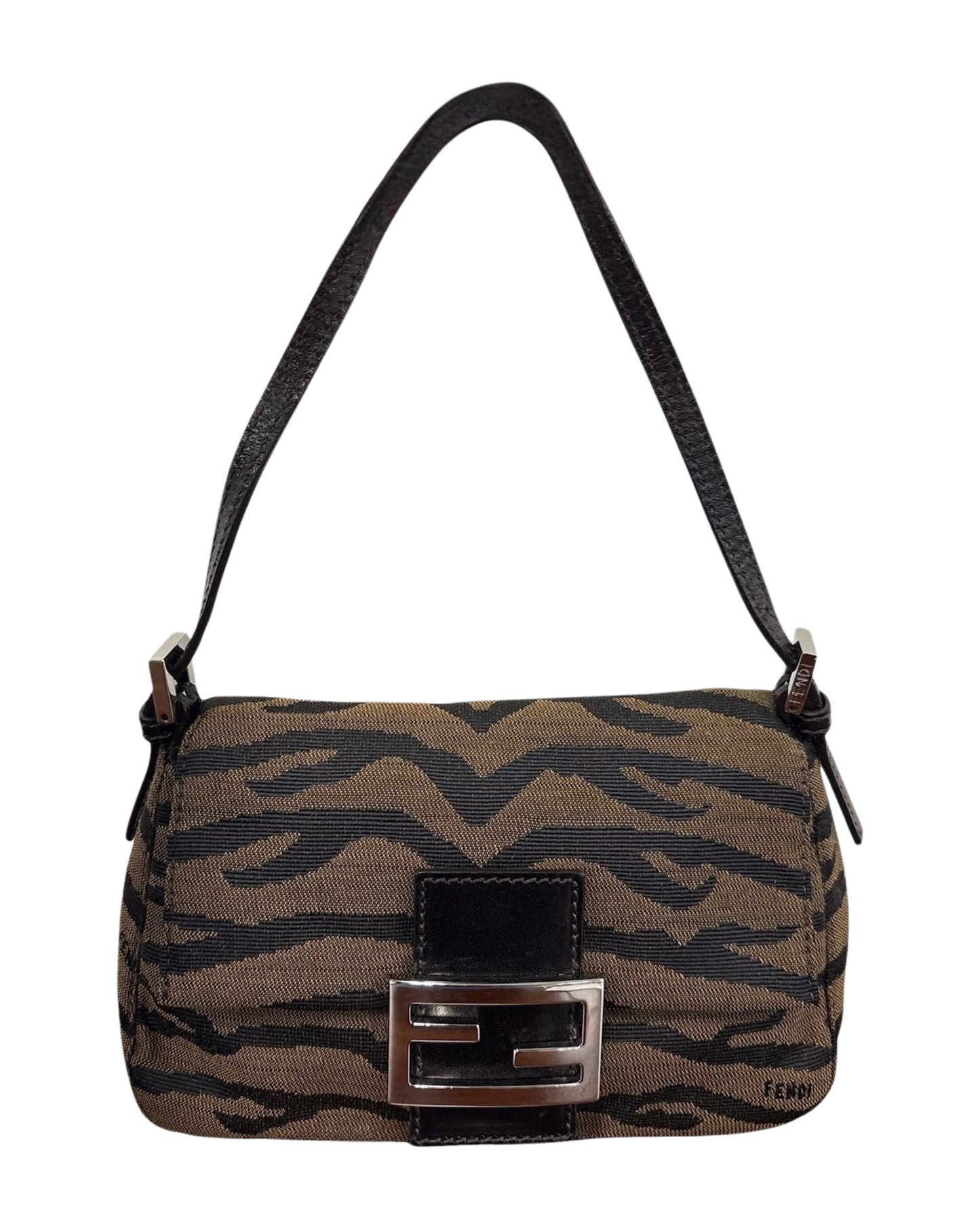 Fendi Vintage Brown & Black Zebra Print Canvas Mini Mamma Baguette Shoulder Bag