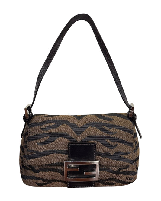 Fendi Vintage Brown & Black Zebra Print Canvas Mini Mamma Baguette Shoulder Bag