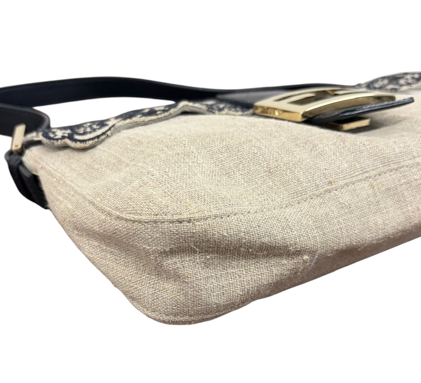 Fendi Vintage Beige Linen Black Floral Embroidered Shoulder Baguette Bag 