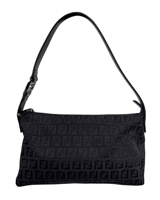 Fendi Vintage Black Zucchino Zucca Monogram Medium Shoulder Pochette Bag