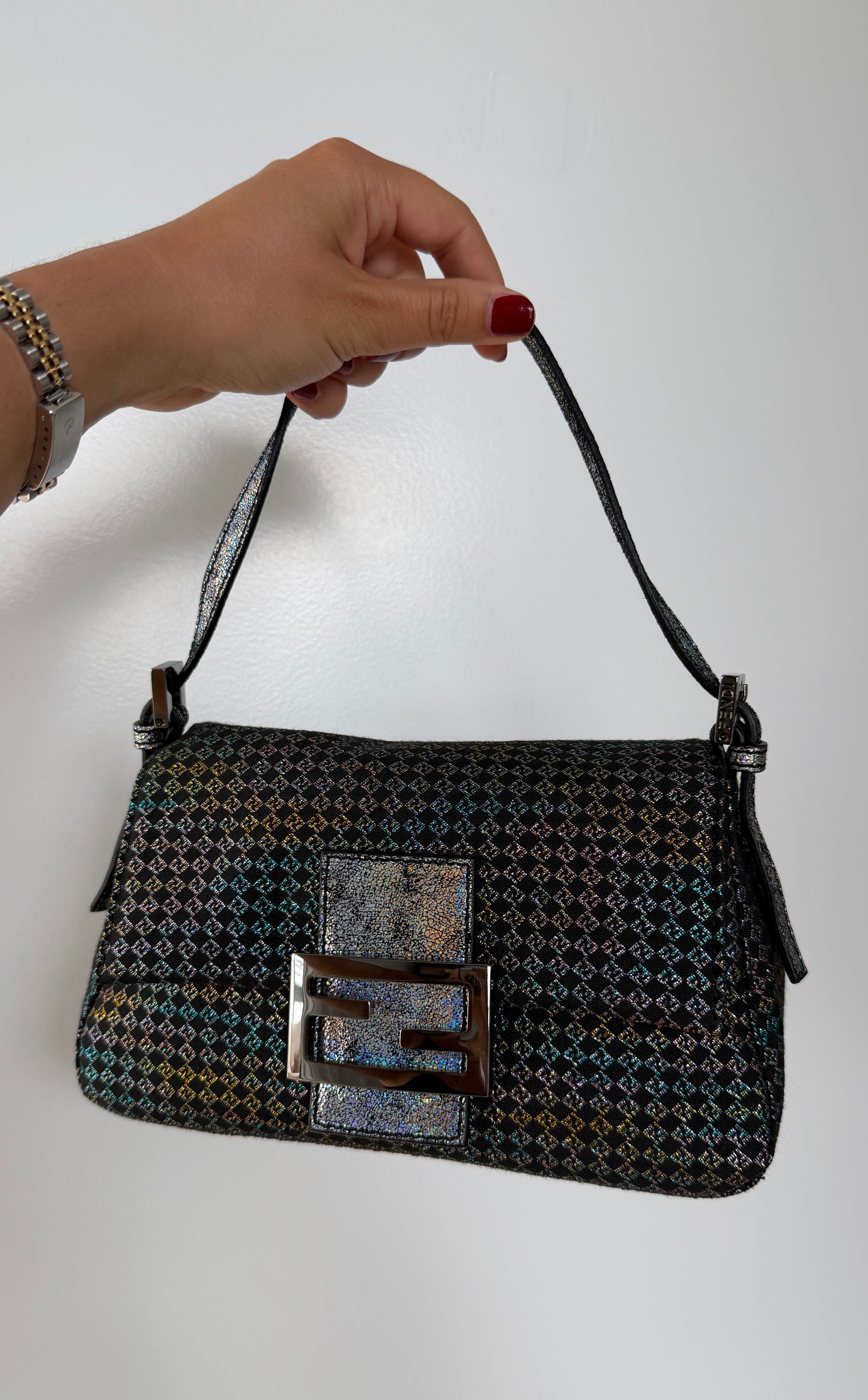 Fendi Vintage Black Iridescent Micro Zucchino Zucca Monogram Mini Mamma Shoulder Baguette Bag