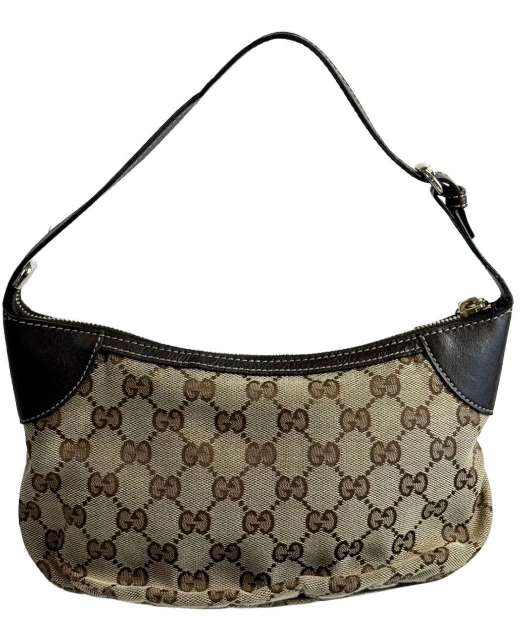 Gucci Vintage Brown GG Monogram Brown Leather Trim Webb Stripe Pull Ruffle Small Pochette Bag