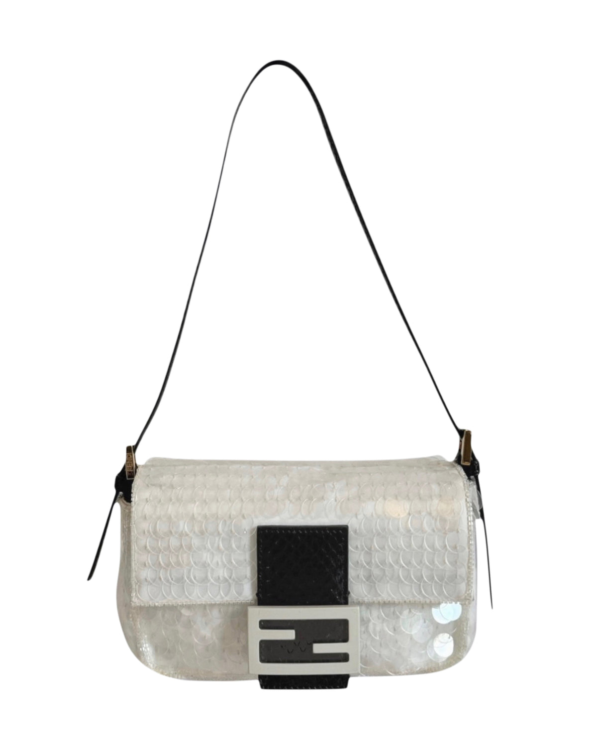 Fendi White Sequin Beaded Re-Edition Mini Shoulder Baguette Bag with Black Python Trim