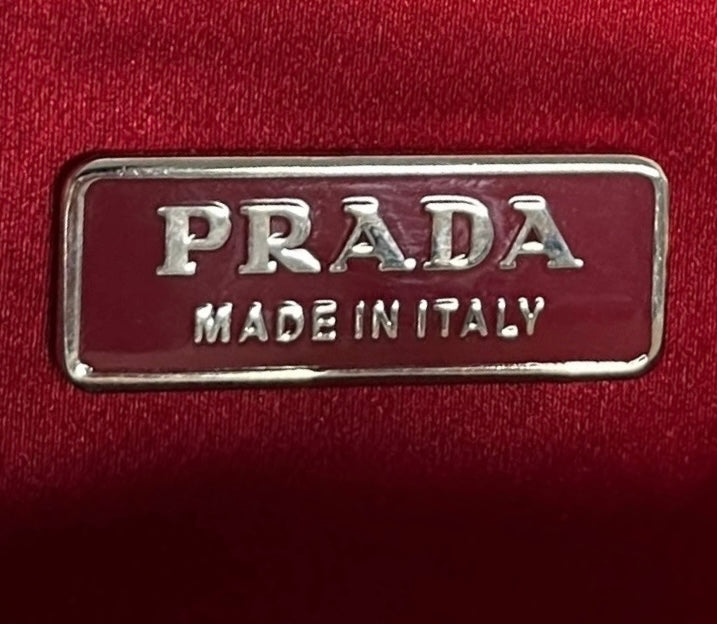 Prada Vintage Ivory with Red Piping Satin Kisslock Mini Top Handle Evening Bag with Mirror