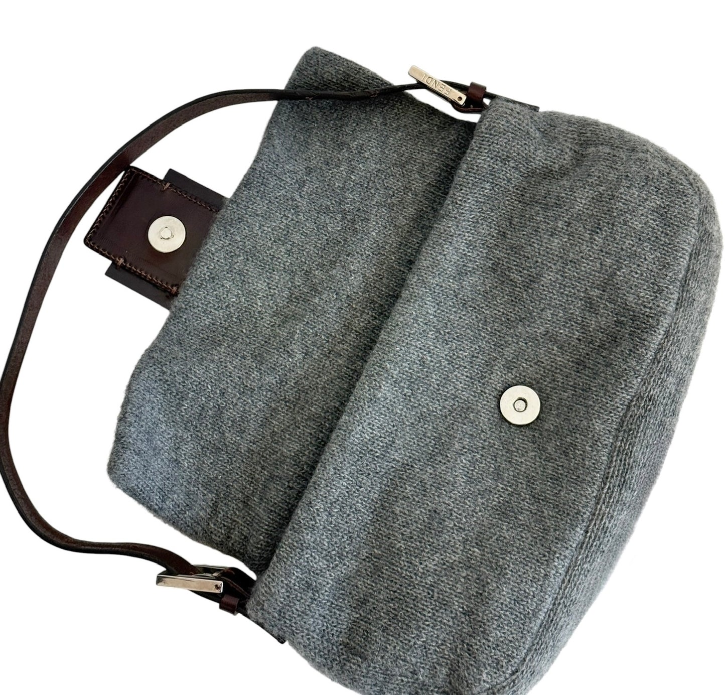 Fendi Vintage Gray Knit Wool Shoulder Baguette Bag