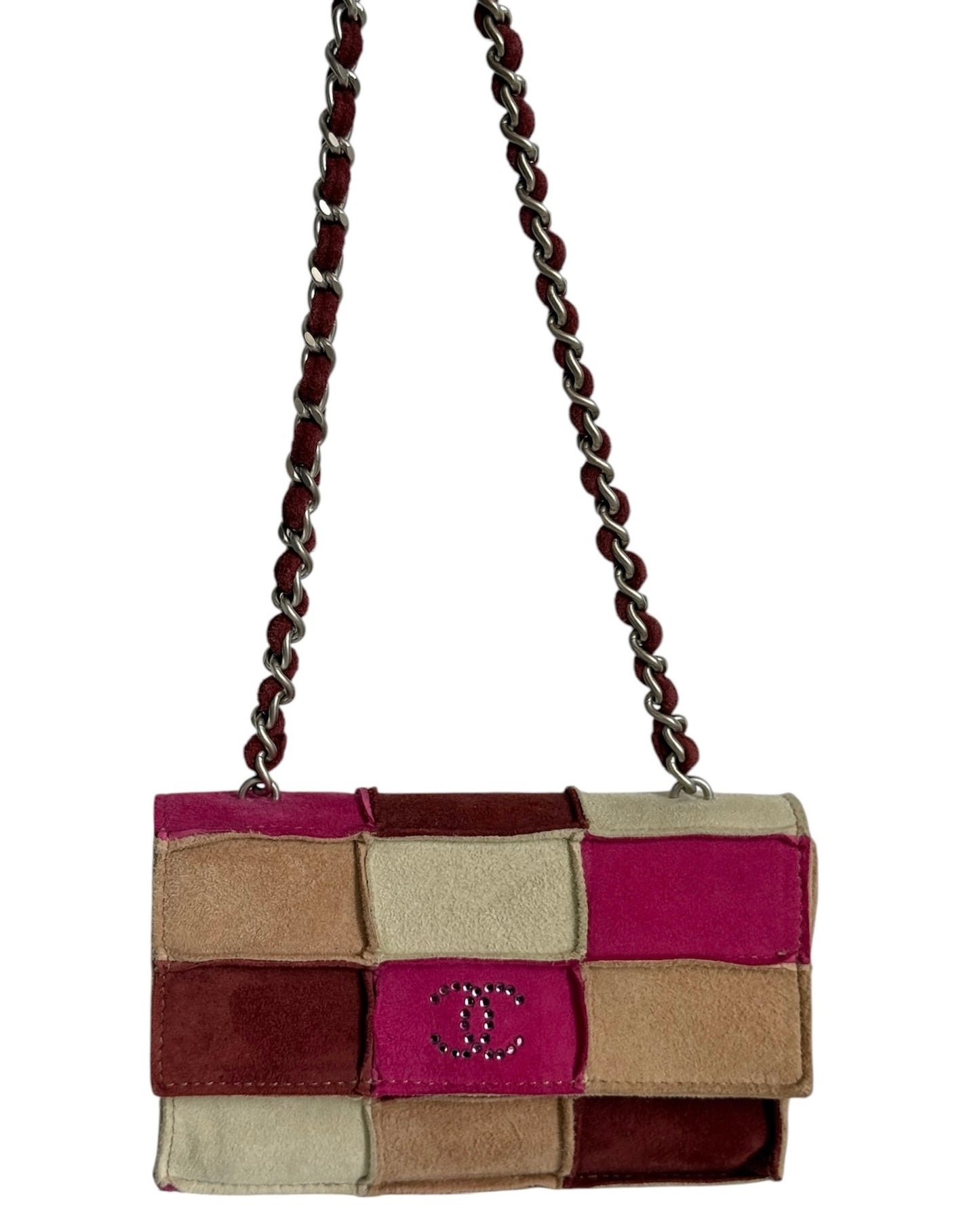 Chanel Vintage 90s Light Brown and Pink Patchwork Suede Crystal CC Logo Micro Mini Flap Crossbody Bag 