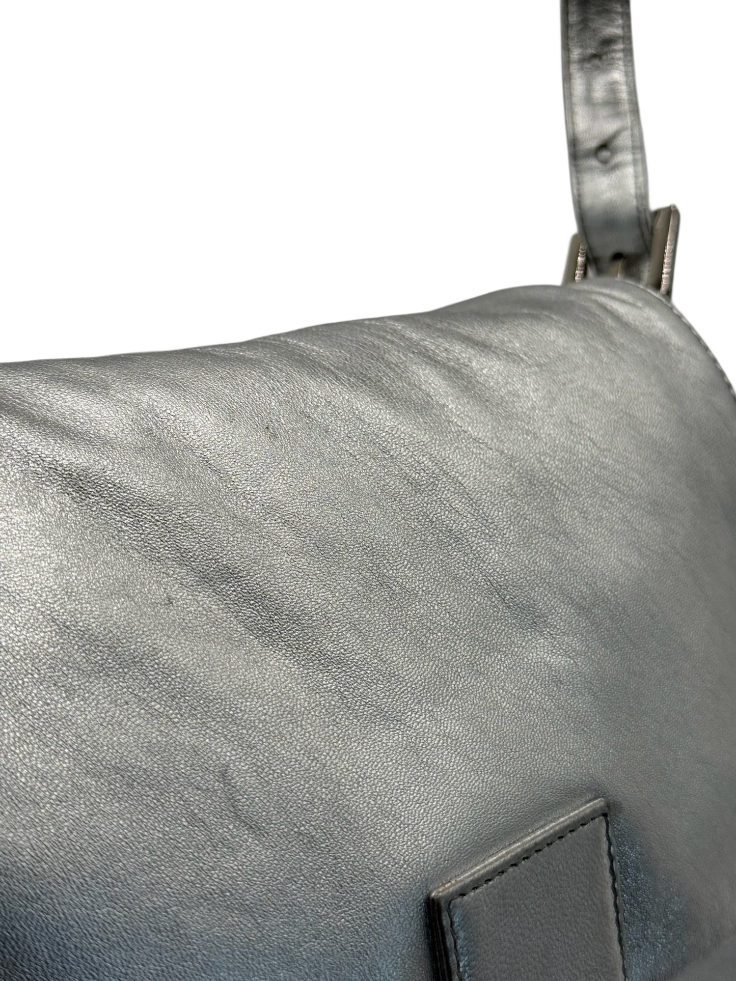 Fendi Vintage Metallic Silver Lambskin Leather Crystal Logo Mamma Shoulder Baguette Bag