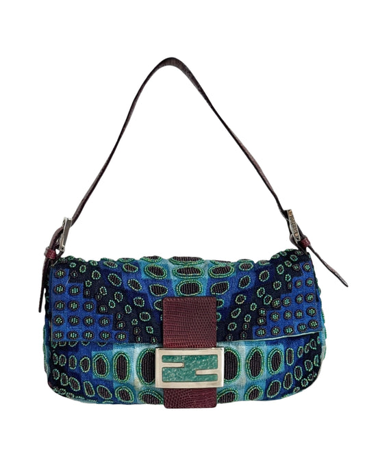 Fendi Vintage S/S 2001 Blue Beaded Embroidered Victor Varsarely Shoulder Baguette Bag with Purple Lizard Trim