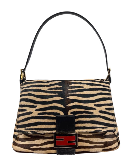 Fendi Vintage Zebra Print Pony Hair Mamma Baguette Shoulder Bag with Red Enamel Trim