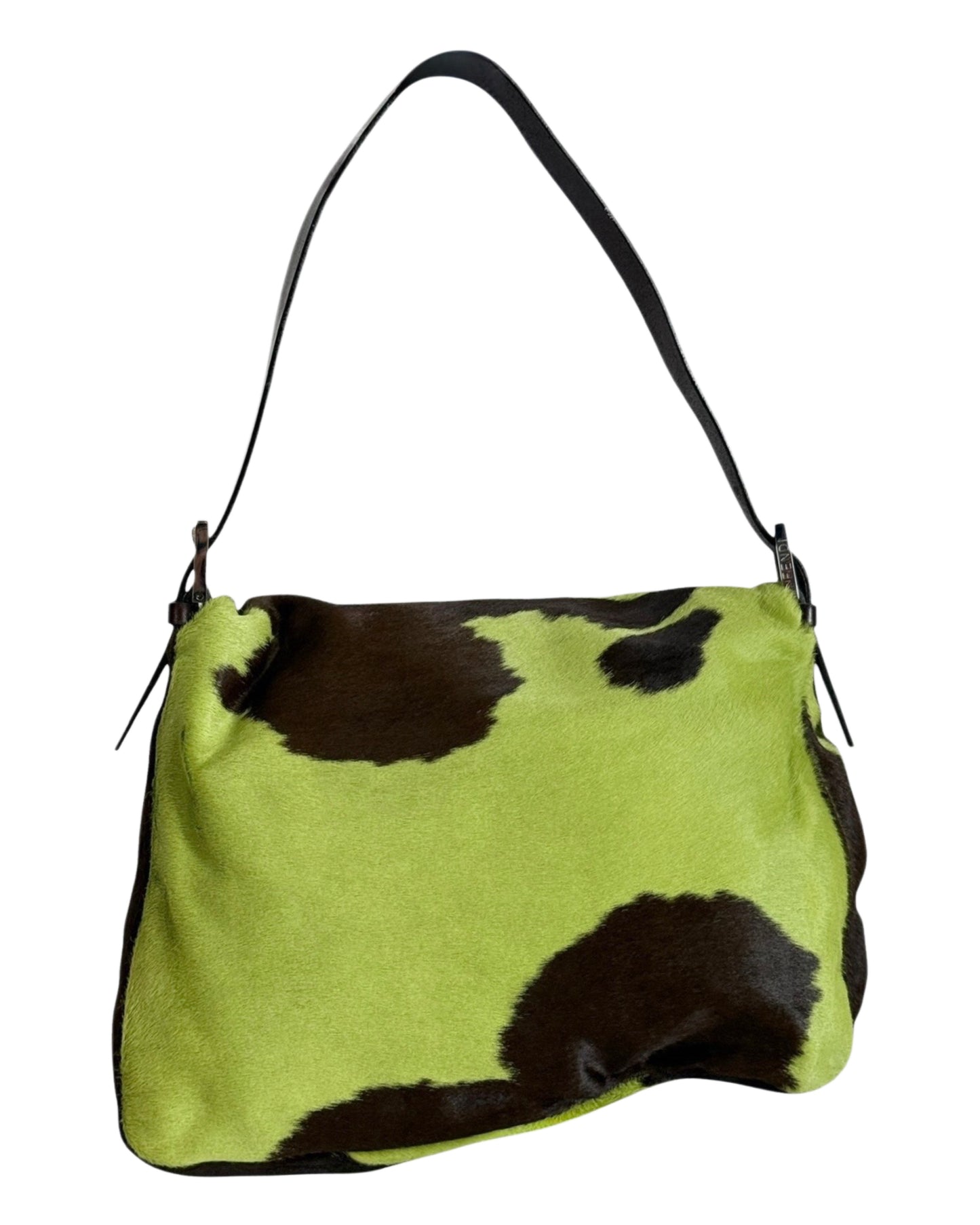 Fendi Vintage Green Pony Hair Cow Print Mamma Baguette Shoulder Bag 