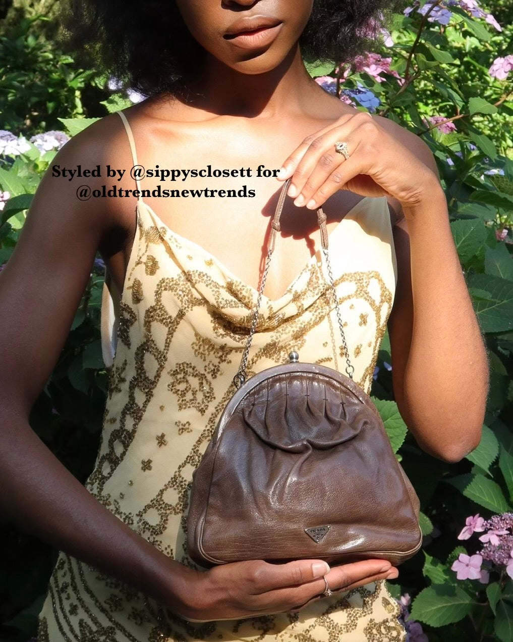 Prada Vintage Light Brown Calfskin Gathered Kisslock Clutch Chain Bag