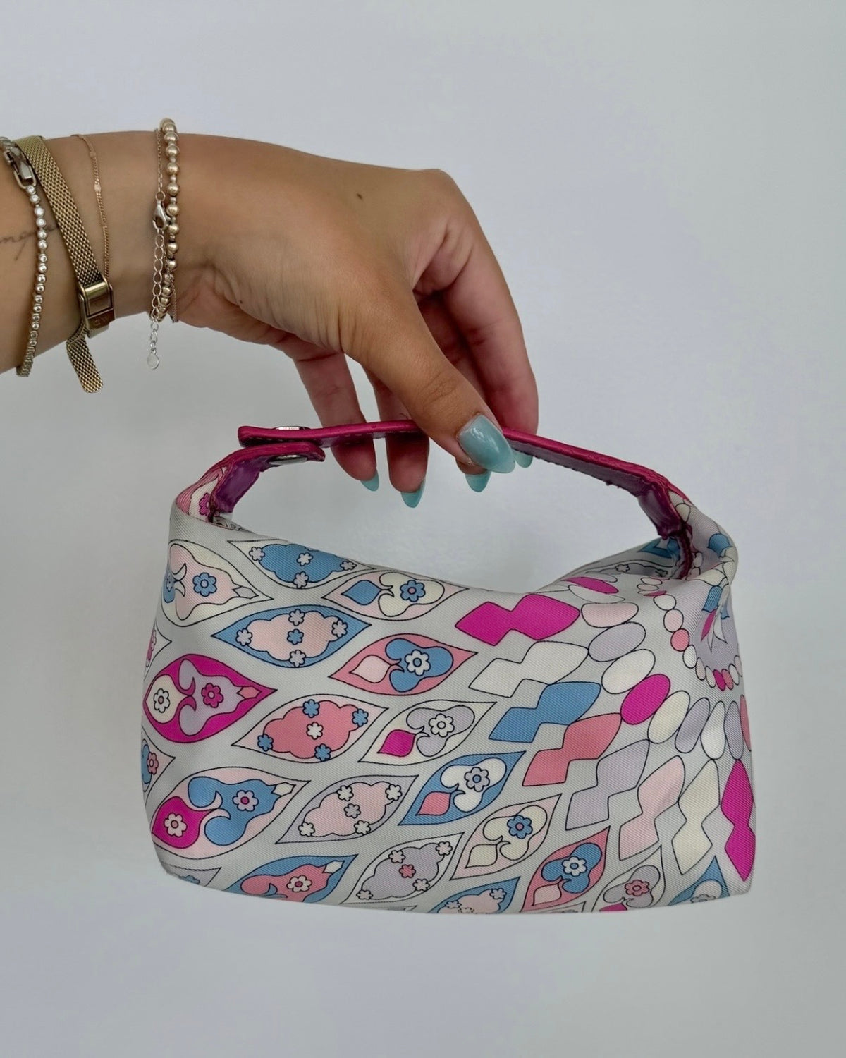 Pucci Vintage Pink & Blue Satin Mini Cosmetic Top Handle Pochette Bag