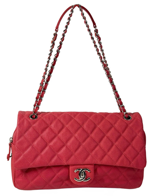 Chanel Coral Pink Quilted Caviar Leather Single Medium Flap Shoulder Bag
