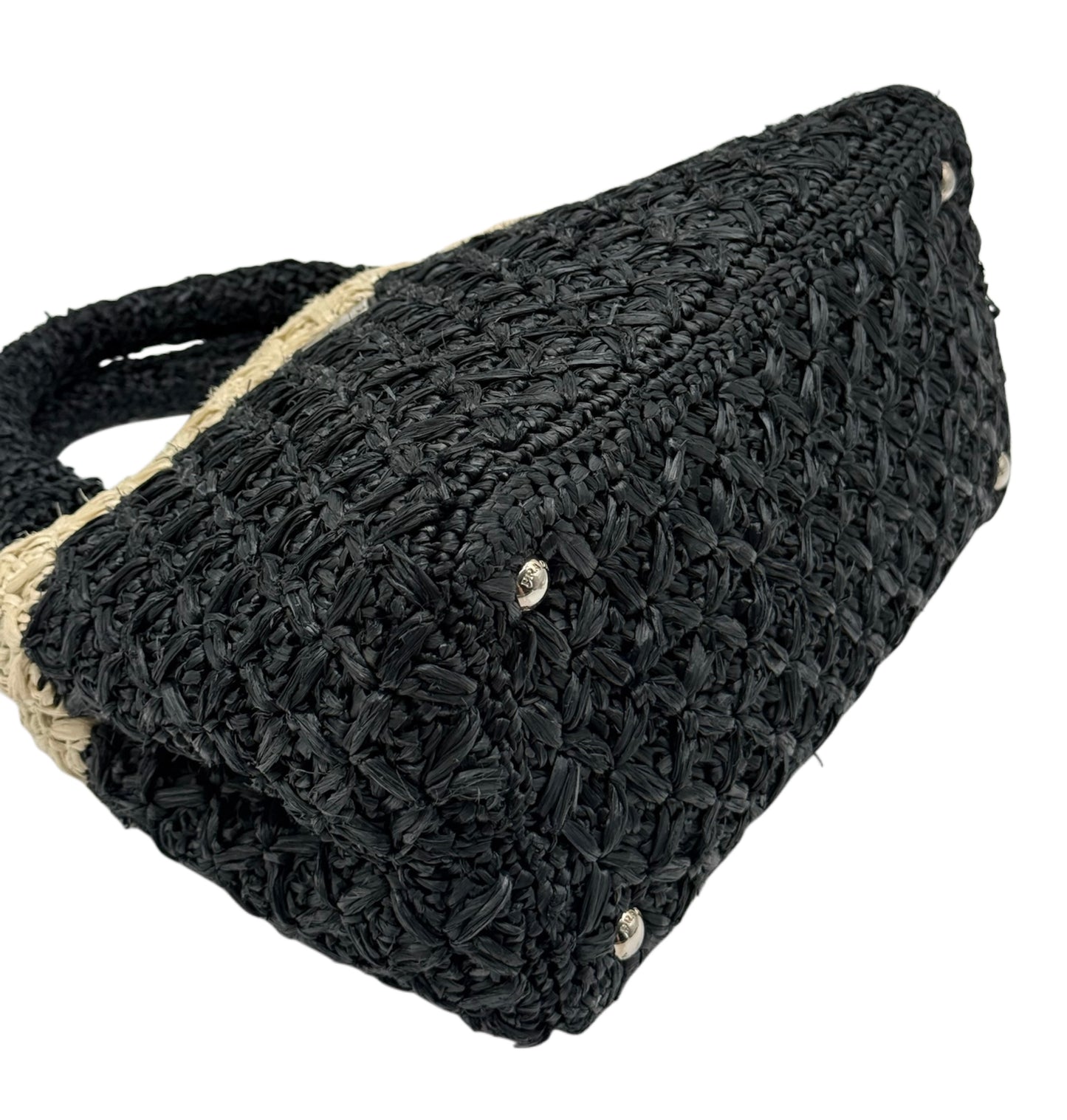 Prada Vintage Black & White Raffia Small Canapa Beach Top Handle Tote Bag