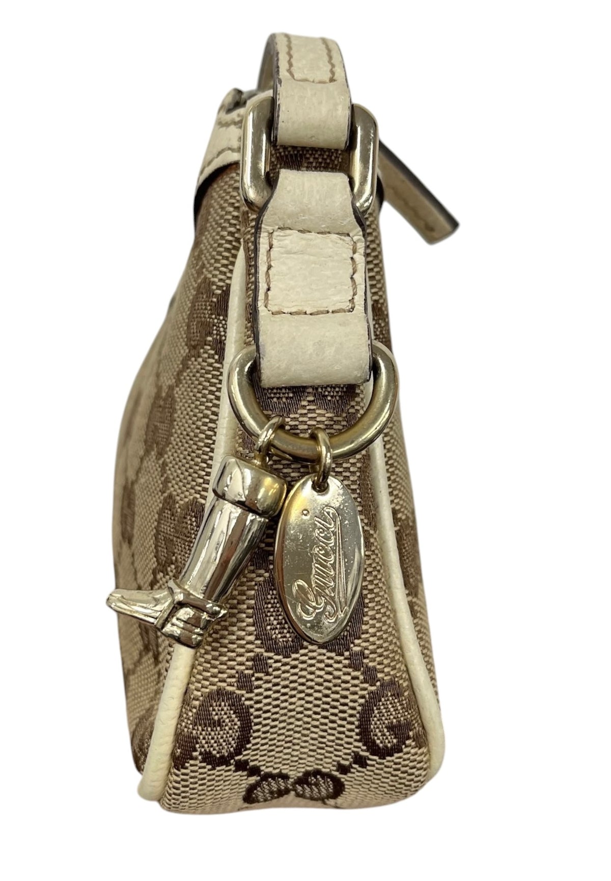Gucci Vintage Brown GG Monogram Ivory Leather Trim Mini Charmy Shoulder Pochette Bag