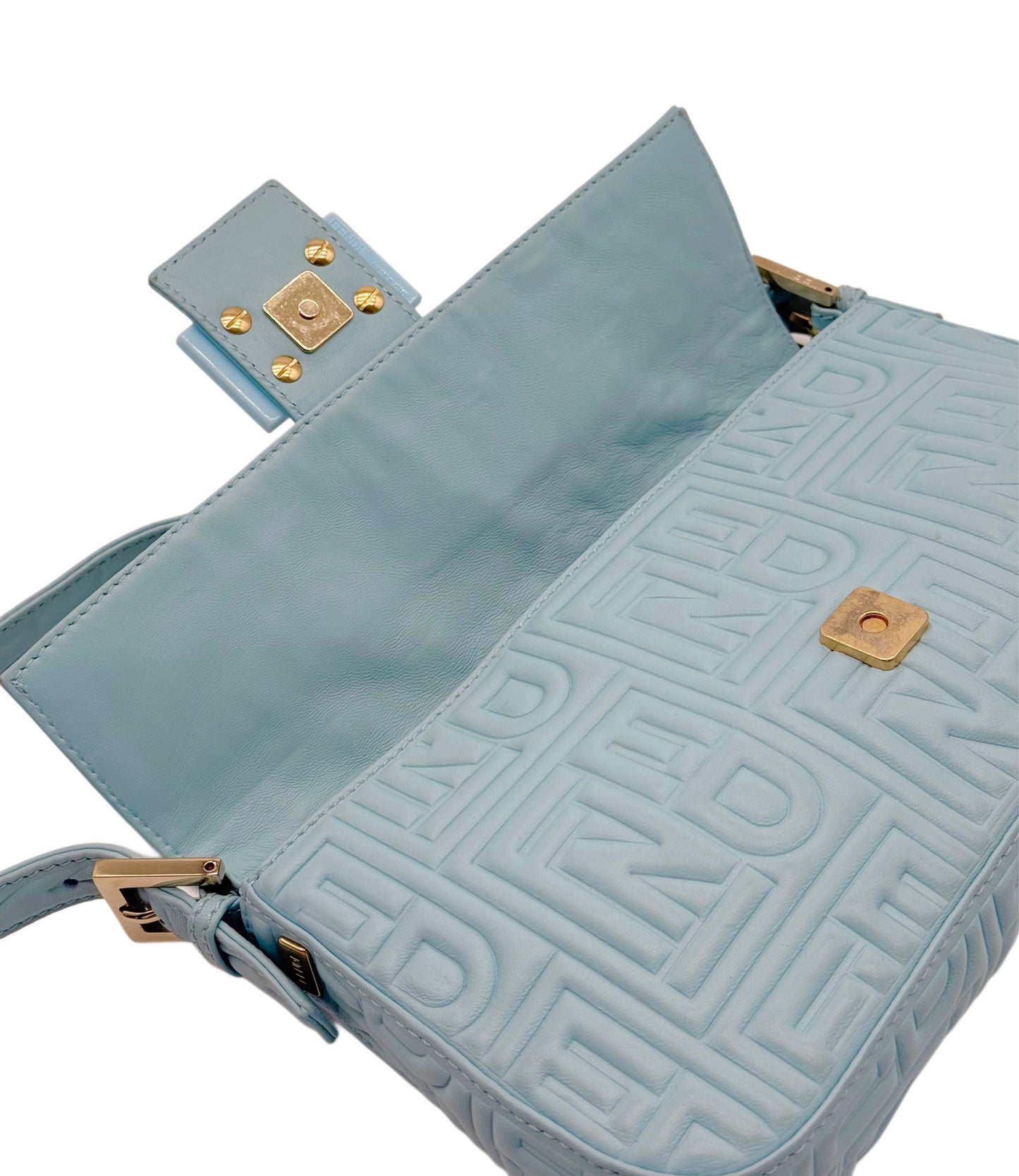 Fendi Vintage Blue Nappa Embossed Logo Leather Shoulder Baguette Bag