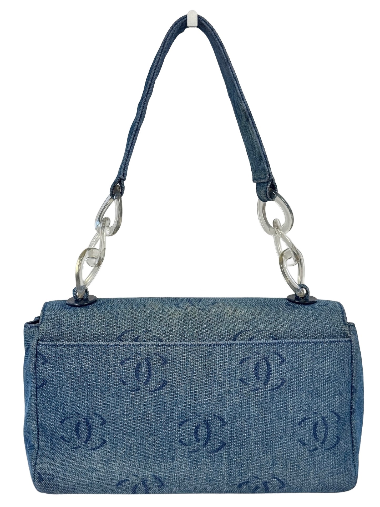 Chanel Vintage 00s Blue Denim CC Print Acrylic Chain Strap Single Flap Bag