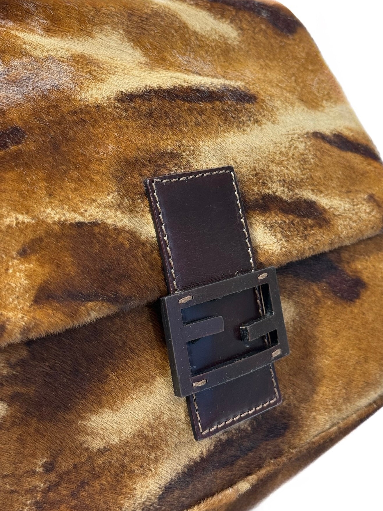 Fendi Vintage Brown Animal Print Pony Hair Mamma Baguette Shoulder Bag