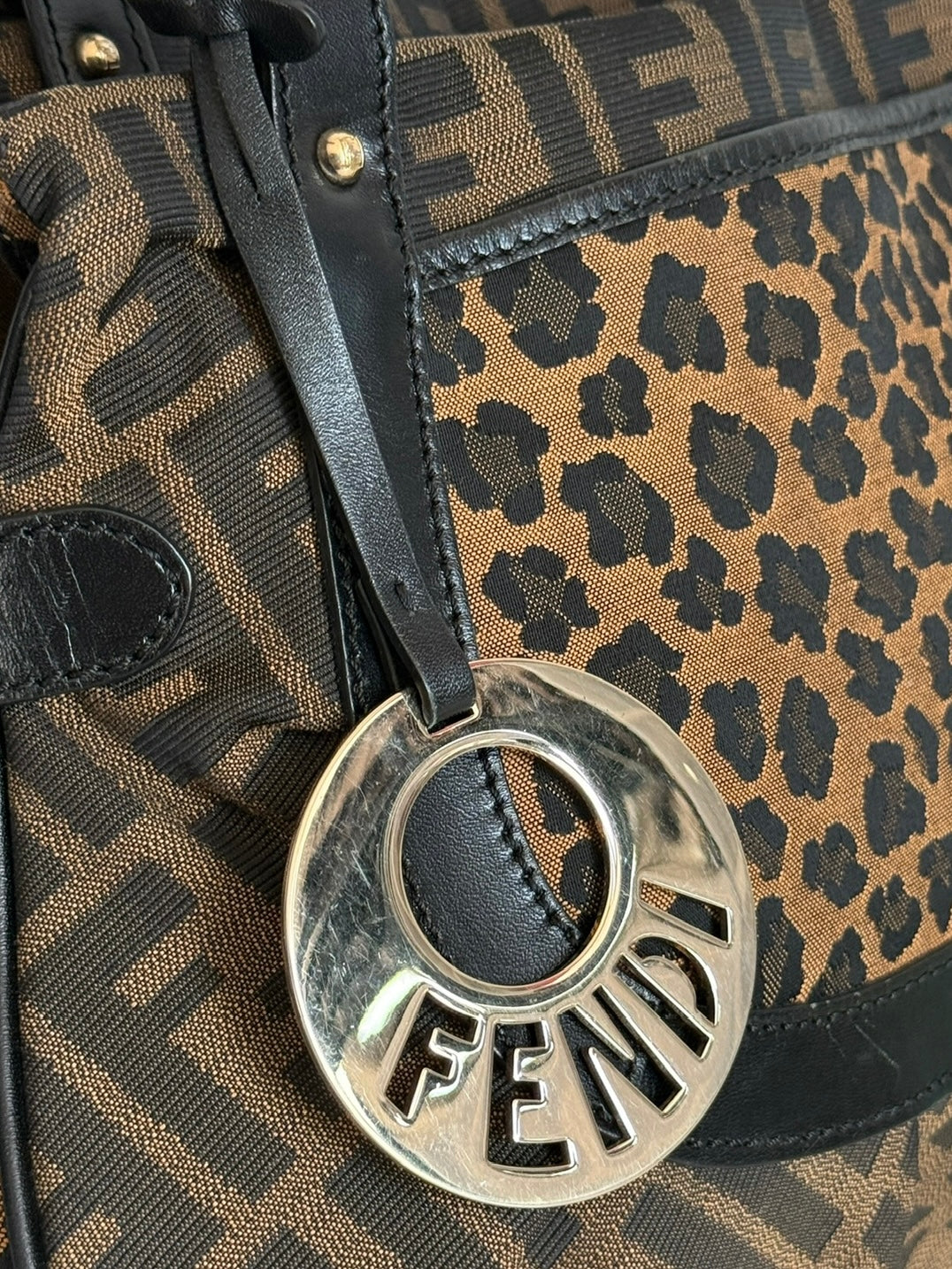 Fendi Vintage Brown Zucca Monogram Leopard Print Large Chef Shoulder Hobo Bag