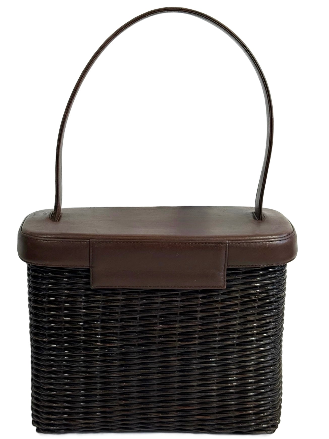 Chanel Vintage 1999 Dark Brown Wicker Rattan Picnic Basket Lambskin Trim Top Handle Shoulder Bag w 24K GPHW