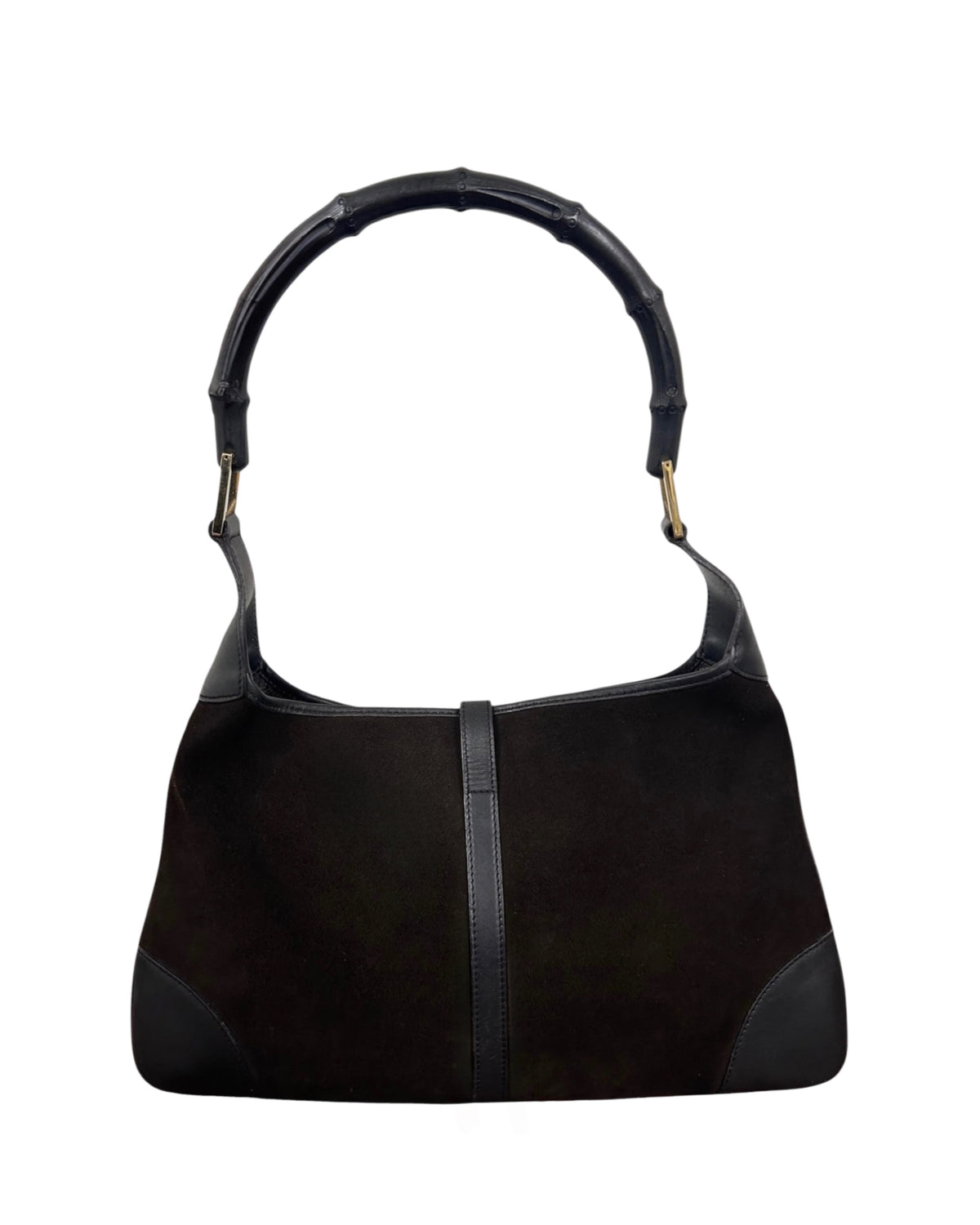 Gucci Vintage Dark Brown Suede Leather Trim Small Jackie Bamboo Handle Shoulder Bag