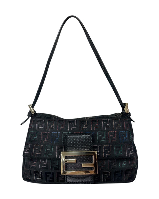 Fendi Vintage Metallic Multicolor Zucchino Zucca Monogram Black Mini Mamma Shoulder Baguette Bag 
