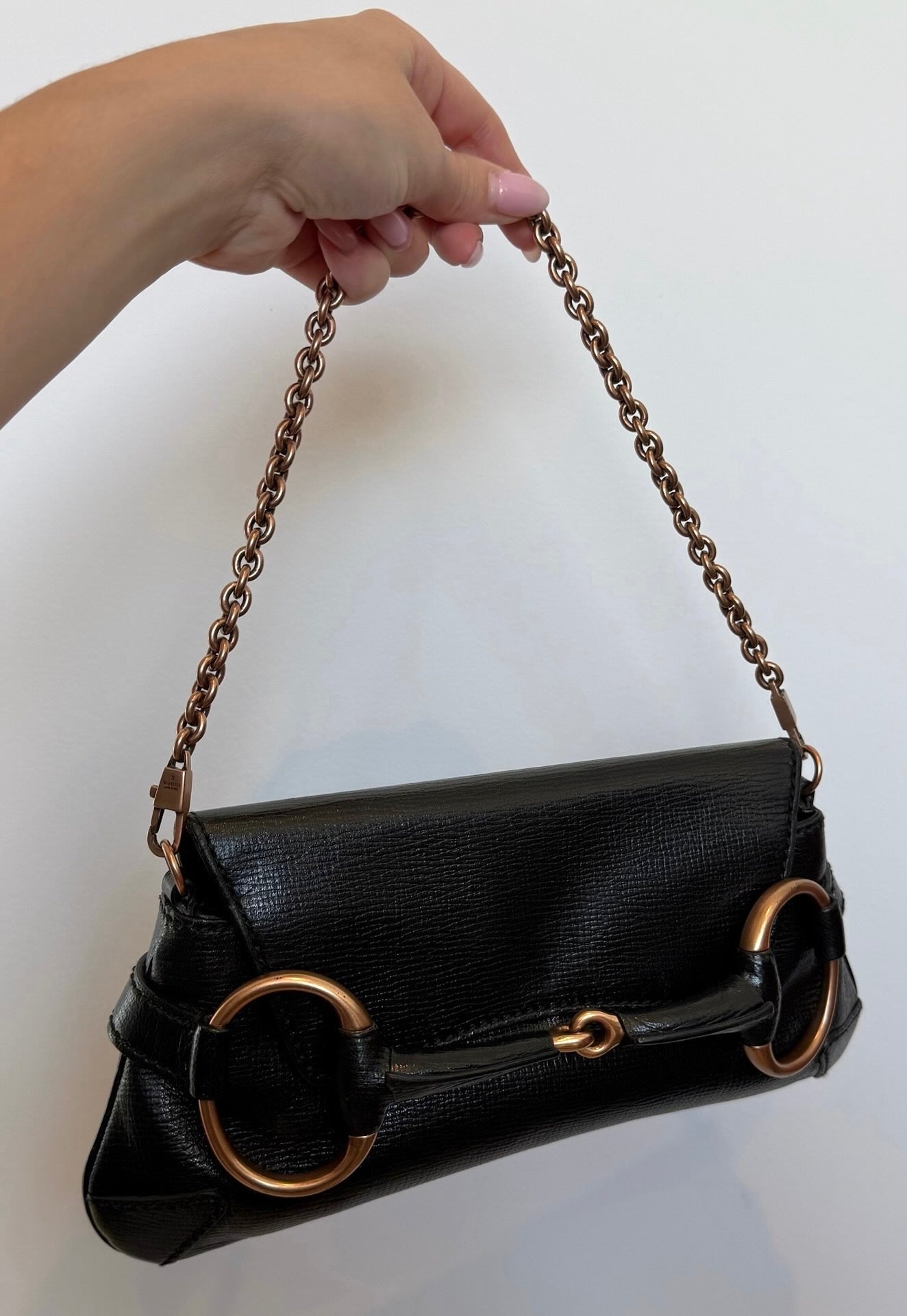 Gucci Vintage Black Leather Small Horsebit Shoulder Clutch Bag