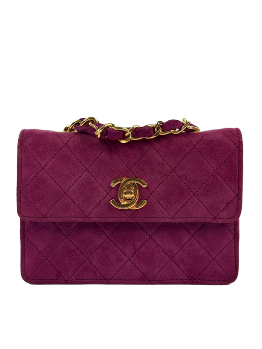 Chanel Vintage 80s/90s Quilted Fuchsia Suede Micro Mini Flap Crossbody Bag w 24K Gold Plated Hardware