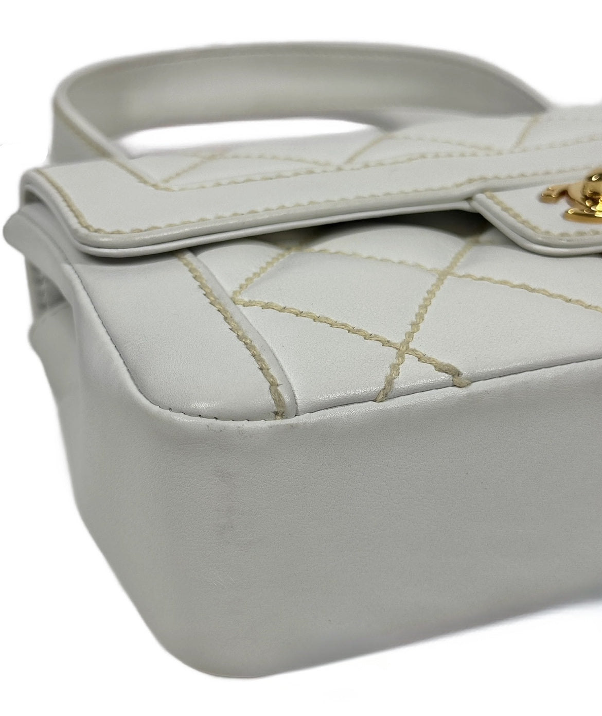 Chanel Vintage 2005 White Quilted Calfskin Leather Wild Stitch Medium Top Handle Classic Flap Bag w 24K Gold Plated Hardware