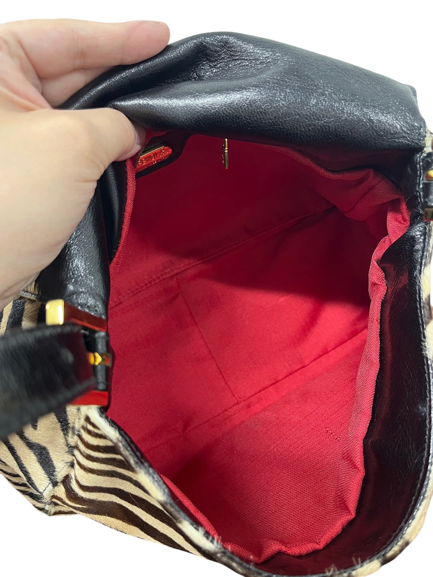 Fendi Vintage Zebra Print Pony Hair Mamma Baguette Shoulder Bag with Red Enamel Trim