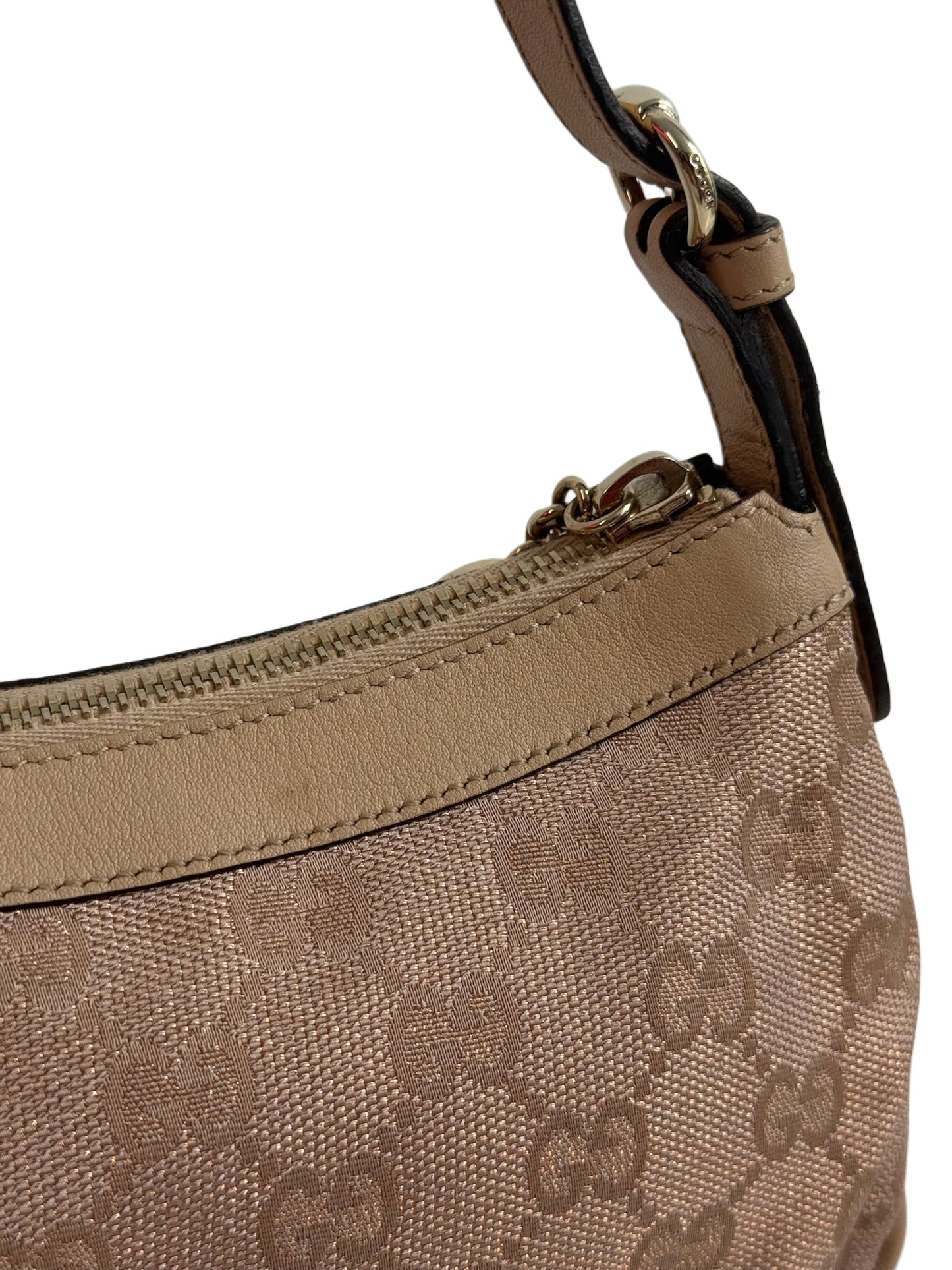 Gucci Vintage Metallic Pink GG Monogram Canvas w Ivory Leather Trim Lovely Heart Logo Mini Shoulder Pochette Bag