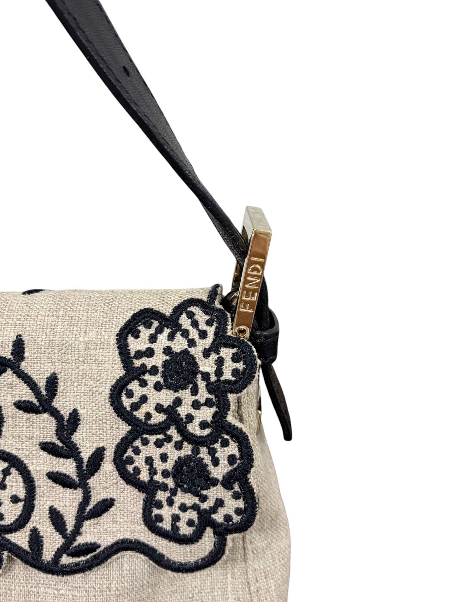 Fendi Vintage Beige Linen Black Floral Embroidered Shoulder Baguette Bag 